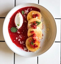 Cottage cheese pancakes with berry gazpacho