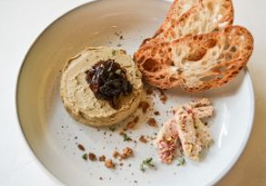 New! Chicken pate with caramelized onion, orange jam, ciabatta and butter with fresh currants and almonds