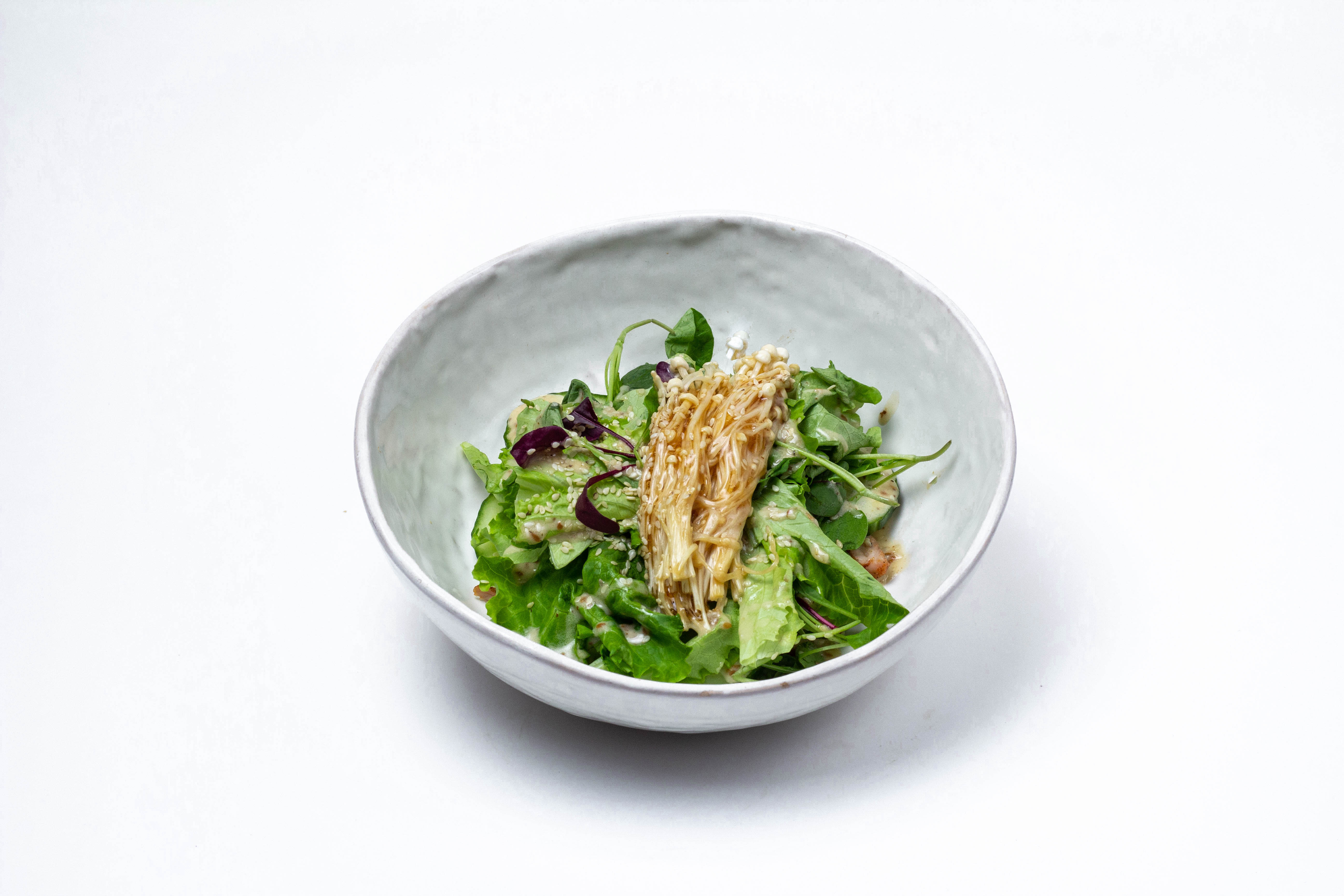 <span style="color: rgb(34, 34, 34);">Chicken salad with enoki mushrooms in teriyaki sauce</span>